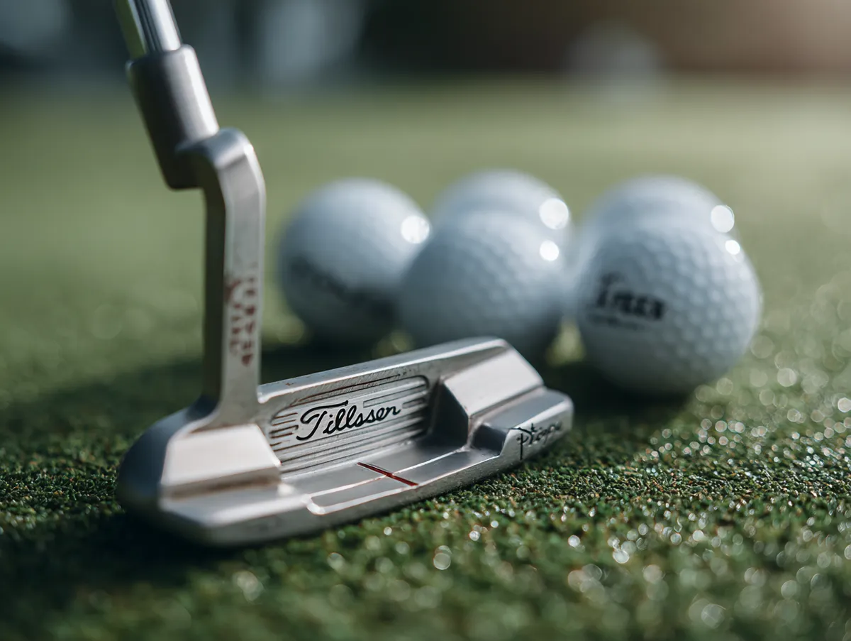 Close-up of a premium Scotty Cameron putter resting on a practice putting green